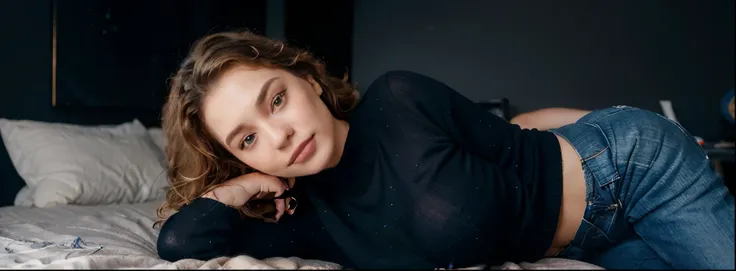 analog photo, a cute busty older woman (milf) gold curly hair, black sweater and blue jeans, pale skin, lying on bed, smile, dark studio, black background, Porta 160 color, shot on ARRI ALEXA 65, bokeh, sharp focus on subject.