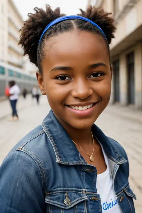 Fille africaine très réaliste de 12ans souriant avec des faussettes entrain de sourire a la gare 