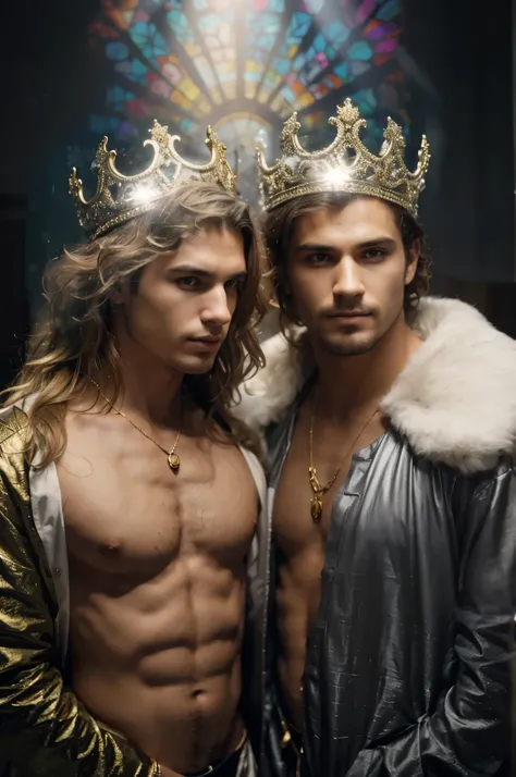 Ultra-realistic cinematic image, 8k A imagem mostra dois homens posando para a foto. Both are wearing gold tiaras and white-furred peacocks., sugerindo uma atmosfera regia ou de luxo. The man on the left has blond, wavy hair., while the man on the right ha...