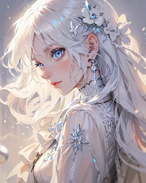 A white hair woman with icy blue eyes, sharp elegance looking in planet theme. She is a represent of Enceladus, the moon of Saturn, portrait