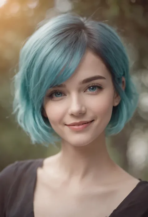 1girl, cyan hair, short hair, cyan eyes, smiling