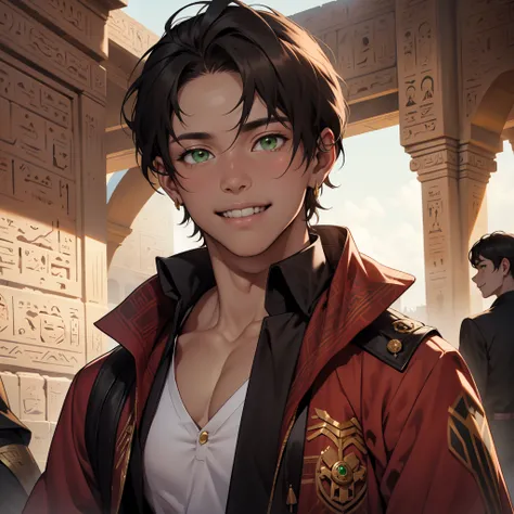 15-year-old boy walks smiling through the palaces of ancient Egypt black hair brown skin green eyes elegant black clothes with gold with bare chest wears red gold jewelry