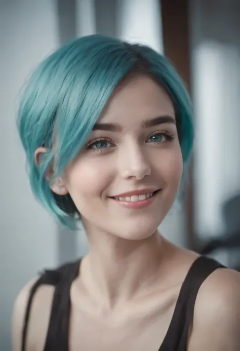 1girl, cyan hair, short hair, cyan eyes, smiling