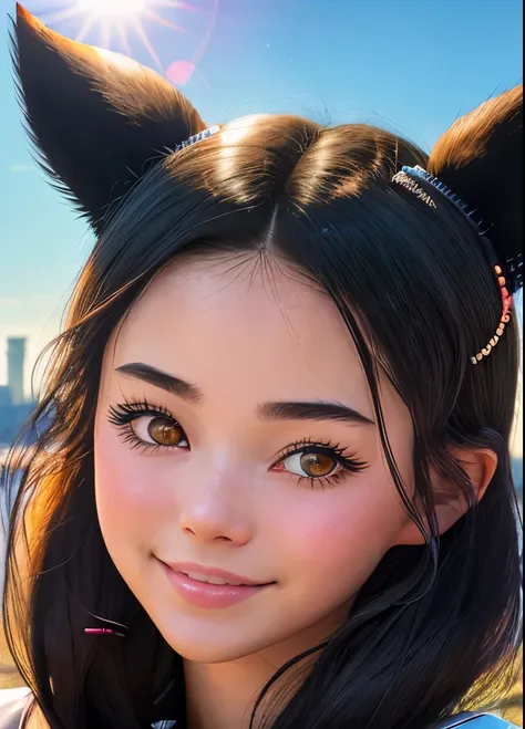 black hair, hair bobbles, wince, longeyelashes, solid circle eyes, fake animal ears, light smile, ear blush, fang, Surrealism, drop shadow, anaglyph, stereogram, tachi-e, pov, atmospheric perspective, 8k, super detail, ccurate, best quality