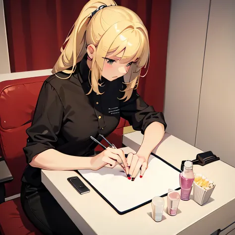 girl with blond hair, doing a manicure for a client, Manicurist, manicure machine, Manicure Tools