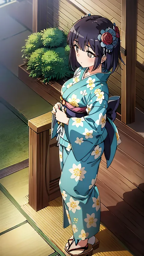 1girl, solo, from above, (white lily flowers), aesthetic, intricate, best quality, detailed background, Sayaka Miki, ((girl wearing a patterned teal kimono:1.2)), (walking in zen garden),  casual pose, detailed textures, posing, floral print, hair flower, ...