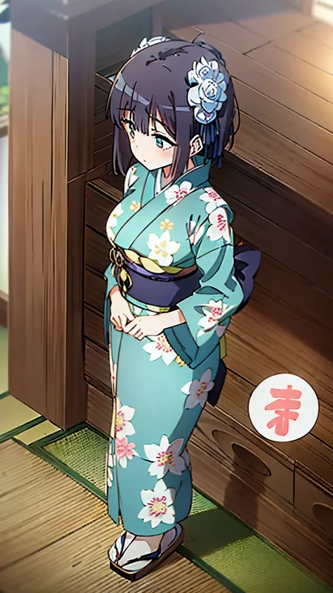 1girl, solo, from above, (white lily flowers), aesthetic, intricate, best quality, detailed background, Sayaka Miki, ((girl wearing a patterned teal kimono:1.2)), (walking in zen garden),  casual pose, detailed textures, posing, floral print, hair flower, ...