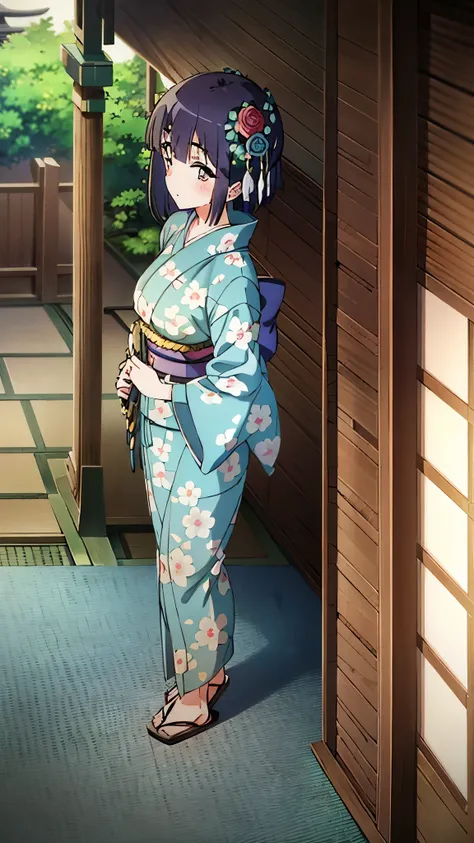 1girl, solo, from above, (white lily flowers), aesthetic, intricate, best quality, detailed background, Sayaka Miki, ((girl wearing a patterned teal kimono:1.2)), (walking in zen garden),  casual pose, detailed textures, posing, floral print, hair flower, ...