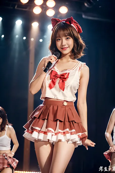 Japan idol singers、On a gorgeous stage、Enthusiasm、Captivate the audience。Pretty Woman、((holding the mic:1.3))、((red idol costume:1.3)、((skirt lift by yourself:1.5))、((showing sexy panties 1.2))、pantie shot、8K picture quality、hight resolution、top-quality、​m...