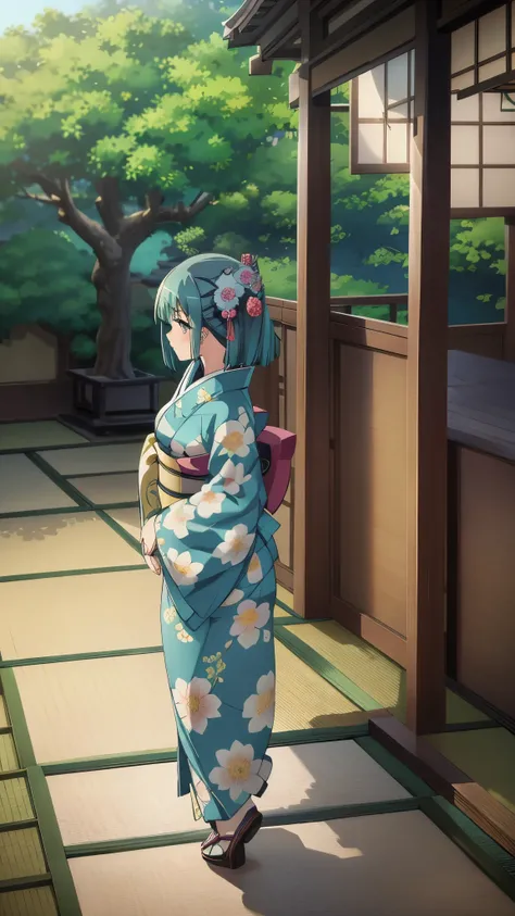 1girl, solo, from above, (white lily flowers), aesthetic, intricate, best quality, detailed background, Sayaka Miki, ((girl wearing a patterned teal kimono:1.2)), (walking in zen garden),  casual pose, detailed textures, posing, floral print, hair flower, ...