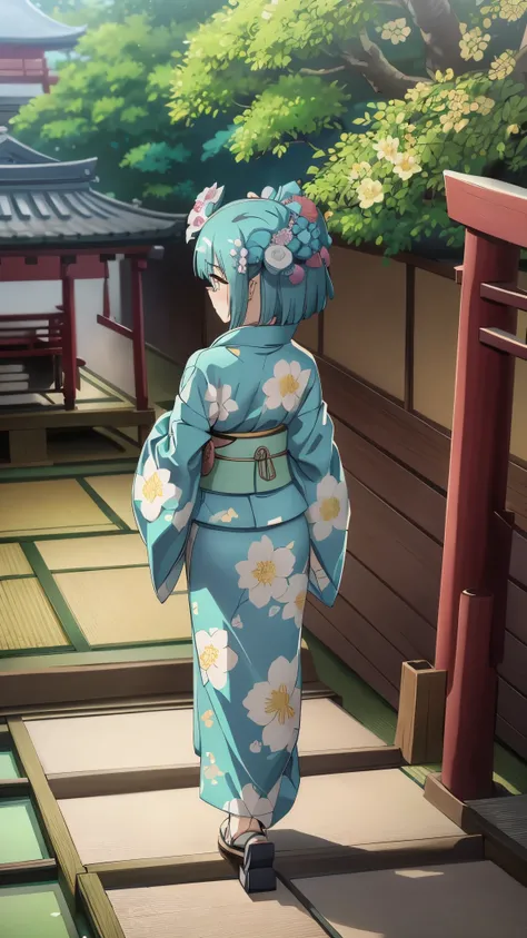 1girl, solo, from above, (white lily flowers), aesthetic, intricate, best quality, detailed background, Sayaka Miki, ((girl wearing a patterned teal kimono:1.2)), (walking in zen garden),  casual pose, detailed textures, posing, floral print, hair flower, ...