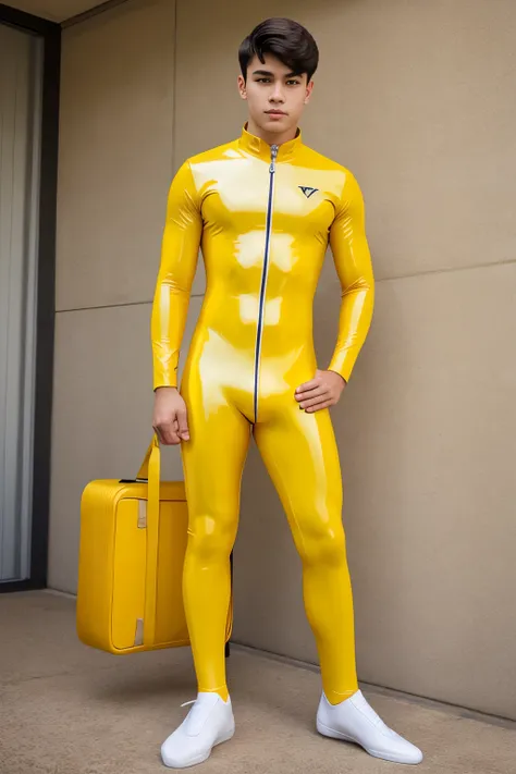 A high school boy wears a tight yellow latex catsuit and socks