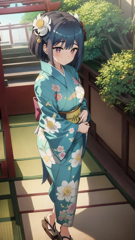 1girl, solo, from above, (white lily flowers), aesthetic, intricate, best quality, detailed background, Sayaka Miki, ((girl wearing a patterned teal kimono:1.2)), (walking in zen garden),  casual pose, detailed textures, posing, floral print, hair flower, ...