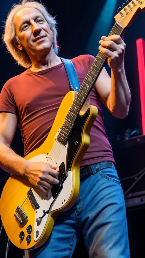 gerar famoso pop star Mark Knopfler, dire straits, tocando eletric guitar, 8k, uhd, on stage, fisionomia identica, 30 anos de idade, corrigir dedos mao direita, cabelo um pouco maoir