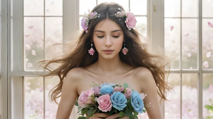 a stunning magazine model who embodies the beauty of a goddess. The composition highlights a vibrant bouquet of flowers. With a backdrop of soft gradients in shades of pink and blue, an ethereal atmosphere of serenity and joy is created. Sunlight radiates ...