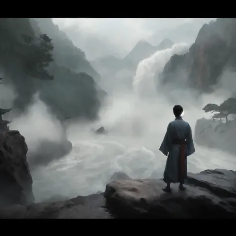 Alafid man in kimono standing on rocks overlooking river, Matte Painting Portrait Shoot, Matte painting 4k 8k, cinematic. author：Leng Jun, 8k matte painting, 8k matte painting, 4K matte painting, Photographic concept art, 4k high definition matte digital, ...