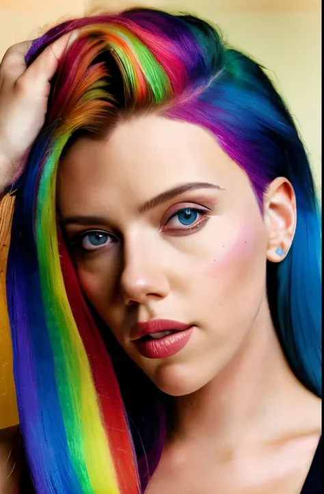 a portrait of Scarlett Johansson, full body (rainbow hair:1.3)