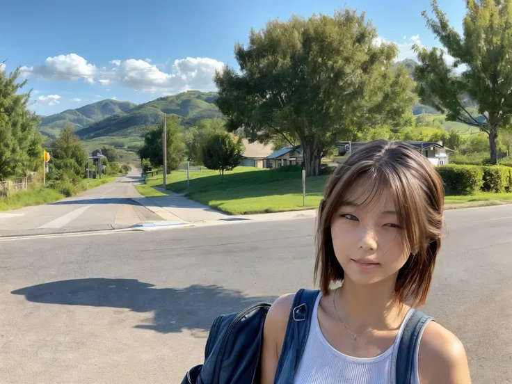 Girl waiting for the bus at the bus stop、Beautiful countryside