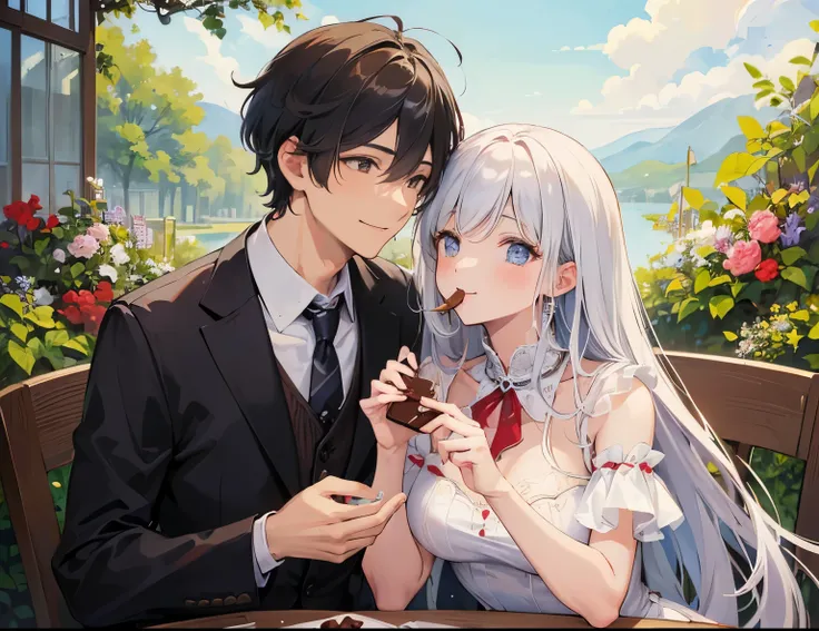 ((Best quality, A high resolution, Masterpiece:1.2)), (Romantic), (couple:1),(Happy smile),(Clear facial features), Romantic couple photo,, woman feeds chocolate to mans mouth, man opens his mouth looking happy, Romantic couple, landscape