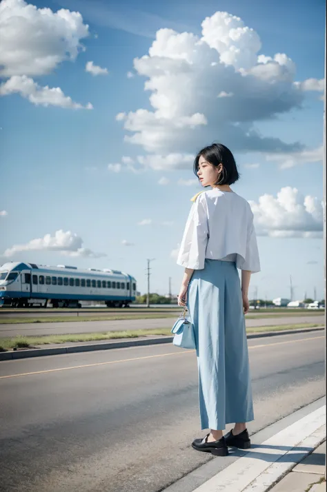 pastel color,
1girl, shoulder length straight bob hair, skirt,white shirt, black hair,  outdoors, sky, shoes, pants, cloud, sailor collar, bag, from behind, blue sky, ground vehicle, fish, bubble, blue theme, facing away, wide shot, train, surreal, whale,w...