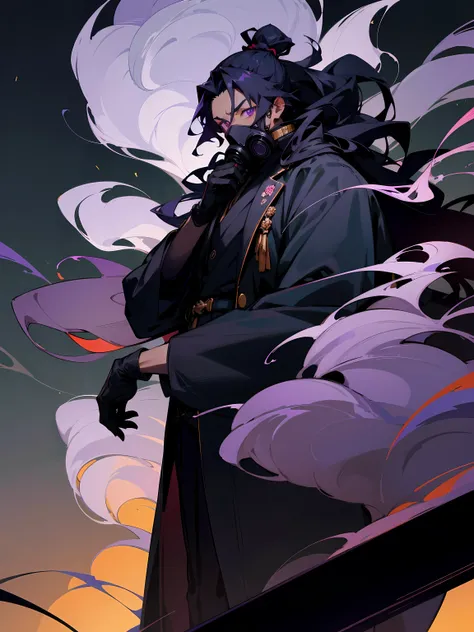 1male, darkskin, black hair, wavy hair, long hair, top knot, purple eyes, gas mask, black overcoat, black sweatshirt, black gloves, standing on roof, japanese city, night time, tired expression, smoke, masterpiece quality