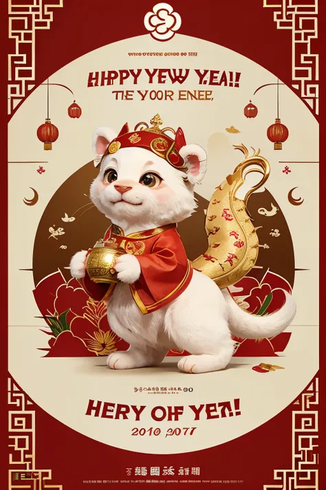 poster design：Chinese New Year is here，Cute little Chinese dragon so happy，hairy，purse，There are many gold coins in the air White background，