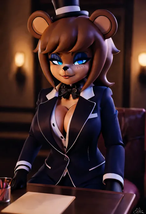 (best quality, masterpiece1.2), 1girl, solo, anthro, cally3d, fredina, bear ears, bear nose, blue eyeliner, sexy black blazer, long flowing hair, sexy, detailed, half closed eyes, subtle lips, light lip gloss, extreme detail, perfect lighting, 4k, ultra-fi...