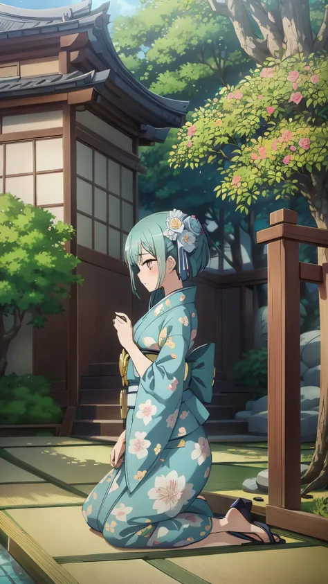 1girl, solo, from above, (white lily flowers), aesthetic, intricate, best quality, detailed background, Sayaka Miki, ((girl wearing a patterned teal kimono:1.2)), (walking in zen garden),  casual pose, detailed textures, posing, floral print, hair flower, ...