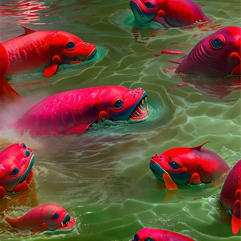 Crie uma imagem aterrorizante de um grande cardume de ((piranha-vermelha ((Pygocentrus nattereri Kner)), attacking a manatee in the rivers of the Brazilian Amazon, the boiling water dyed a vivid red makes the image even more terrifying 
