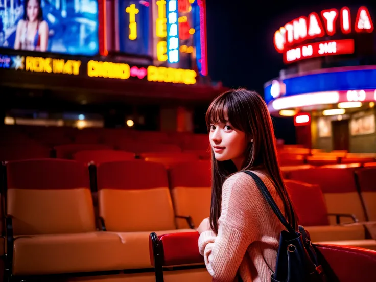 (best quality, 4K), a girl waiting for her boyfriends arrival on their first date, in front of the movie theater