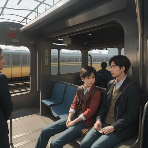 boy seated on a bench, holding a train ticket, backdrop of a bustling train station, anticipation in the boys eyes, casual yet thoughtful posture, people hurriedly passing by in the background, the constant hum of the stations announcements, distant trains...