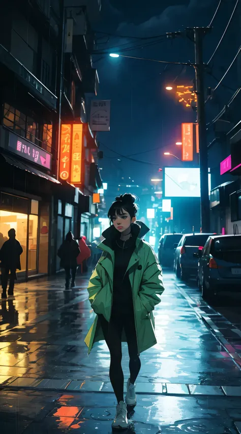 1girl,night city,rain,coat,hands in pockets, neon, light leaks, vibrant colors, bold hues.