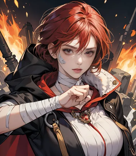 Final Fantasy style, pixelated, character, cartoon, half vampire woman, RPG character, legendary heroine, 2D isometric game art, masterpiece, super detail, digital quality at best, red hair, black cape and hood , red eye, bandage and bandages on the face.