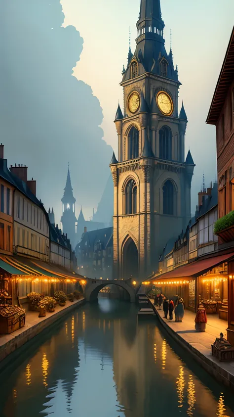 There is a painting of a town with a bridge and a river, Architecture of Paris , dome, fantasy city of france, Markets and stores, people々, Trees and plants, rain, reflection, filth, fantasy town setting, Steampunk village castle, by Aleksander Gine, senio...