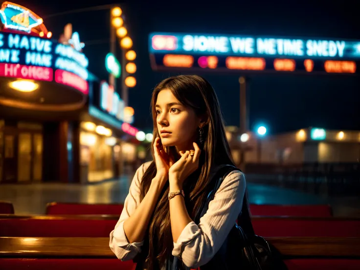 (best quality, 4K), a girl waiting for her boyfriends arrival on their first date, in front of the movie theater,  Concerned about the time and looking at the clock, an anxious expression 