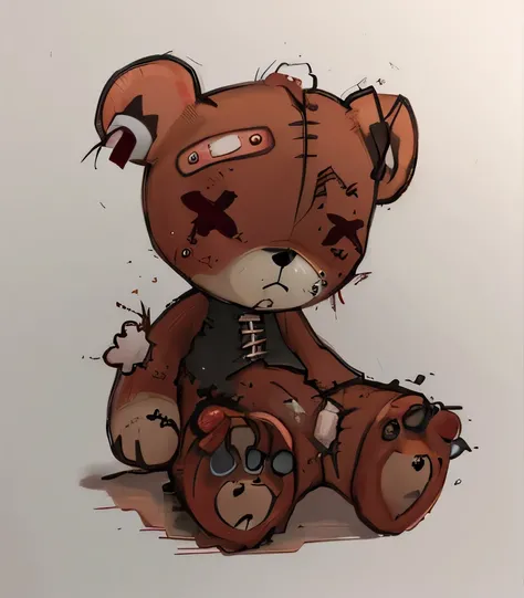 Close-up of teddy bear with broken nose, Gothic core,  sad, punk, half bear,  hurt, Official illustration, dollpunk,  stitches, many years have passed, pus, Ash, punk art, ，color fill-in