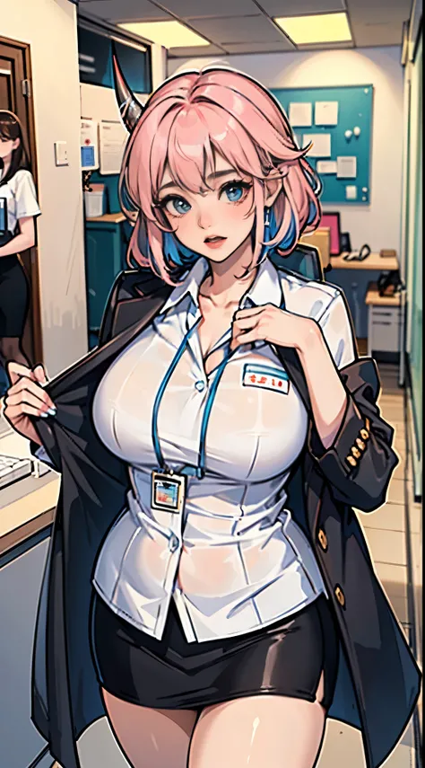 ((Masterpiece, Best)), (1girl), ((Trendy Girl)), Light Pink Hair, Halo, Horn, ((Office Lady)), Bangs, Mid-breasted, (Plump), Slim, Colorful Hair Color, Trendy Clothing, Street Culture