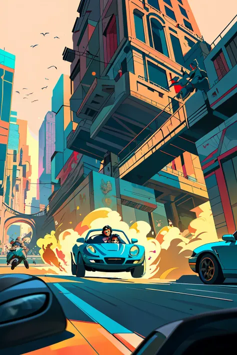 Best quality, masterpiece: A breathtaking illustration in the style of Josan Gonzalez, showcasing a city background filled with intricate buildings and vibrant colors. The scene is set during a chaotic street traffic jam, where multiple racing cars are cap...