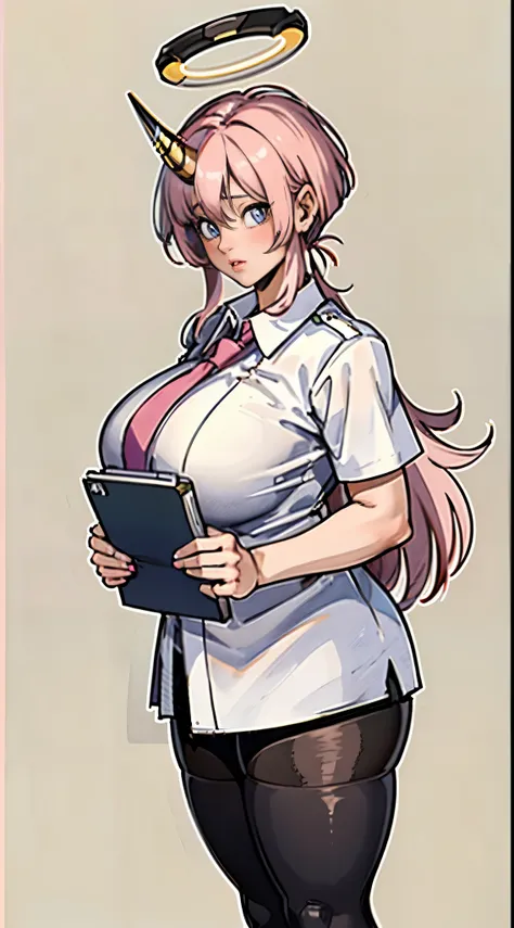 ((Masterpiece, Best)), (1girl), ((Trendy Girl)), Light Pink Hair, Halo, Horn, ((Office Lady)), Bangs, Mid-breasted, (Plump), Slim, Colorful Hair Color, Trendy Clothing, Street Culture