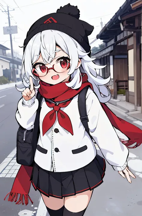 (masterpiece), best quality, expressive eyes, perfect face, , red eye, black beanie, Long, Long, fluffy, curly white hair
, red scarf, white japanese school uniform, short skirt, Round Glasses Black, walking in town, white skin, smug face, 1person ,one sma...