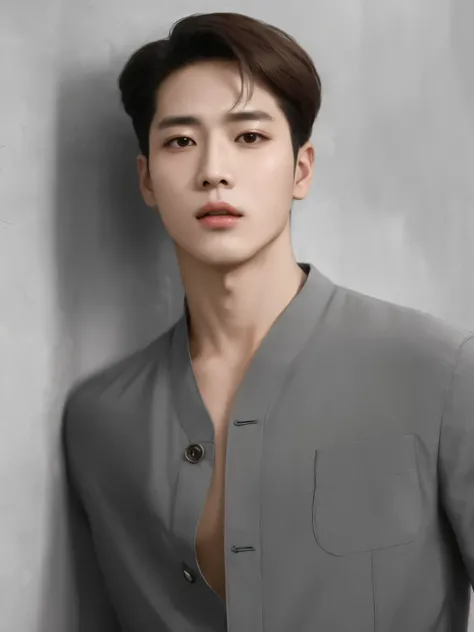 Hombre arafed con una camisa gris apoyado contra una pared., Jung Jaehyun, inspirado por Zhang Han, yanjun chengt, cai xukun, inspirado en Joong Keun Lee, hombre surcoreano, hyung tae, Siwoo Kim, inspirado por Huang Gongwang, inspirado por Byeon Sang-byeok...