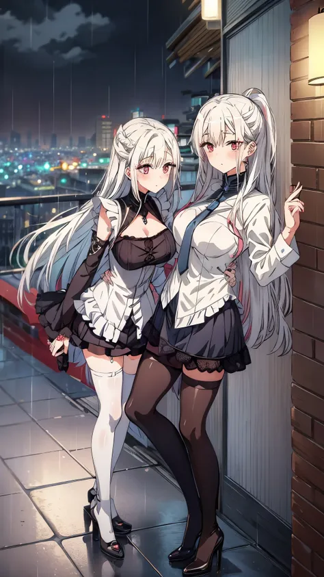 ,twins,white hair,stockings,mature female,rain,night city