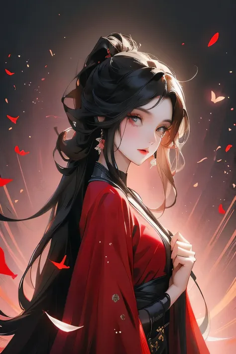 night moon ,eye shadows,_petals,black long hair, red clothes balck eges, solo,1girl,upper body, princess looking at view