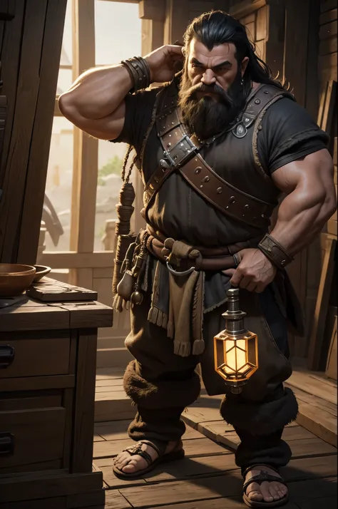 Barbarian dwarf blacksmith, mystical dwarf blacksmith on his desktop, 4k, mecanismo Engine Unreal, intrincado, altamente detalhado, beautiful  lighting, Advanced quality, 8k, Trending Art Station, profissional, dramatic, illustration, alta qualidade, perso...