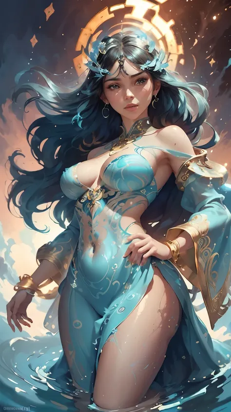 Gorgeous water goddess, (Floating on refreshing blue clouds); Perfect hair, perfect full lips, Delicate and perfect body, Her body is flawless, Amazing galactic garden, Water texture background, Floating on the clouds, Highly stylized features; (whole body...