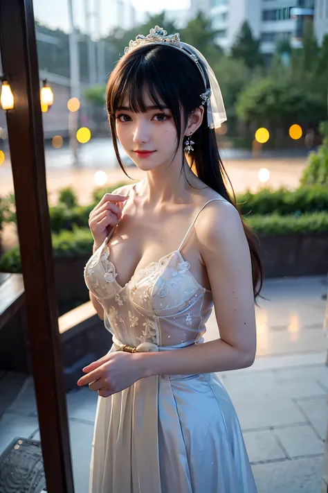 （adilin，with glass blue hair）），Casual gestures(Extremely beautiful works of beauty）， （masterpiece），1 girl，Extremely refined and elegant wedding dress，hat，Very detailed，ponytail outline，charming的表情， beauty清澈的眼睛， green student，Delicate lace，Exquisite earring...