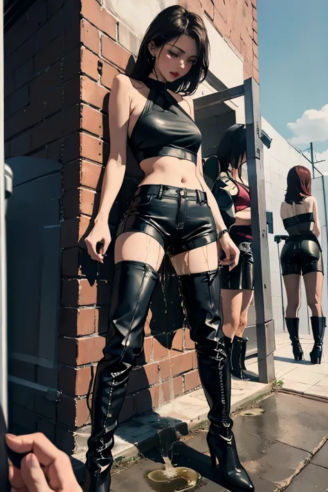 highres, beautiful women, high detail, good lighting, lewd, hentai, (((bike shorts))), (leather halter top), (bare midriff), (cameltoe), (((leather thigh high heel boots))), (wet shorts), (((wetting herself))), (((peeing herself))), (((peeing self))), (pee...