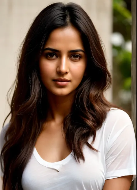 there a woman isma young woman indian woman,wear white tshirt face features like katrina kaif standing looking into the camera p...