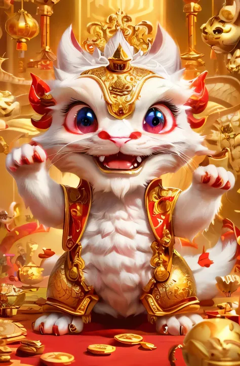 There is a white cat with a gold crown on its head, Lovely and detailed digital art, Lovely numbers, 可爱的小dragon, Wojtechfors, dragon, Lovely numbers艺术, 中国dragon概念艺术, 8k high quality detailed art, Popular topics on cgstation, 4k detailed digital art, Popula...