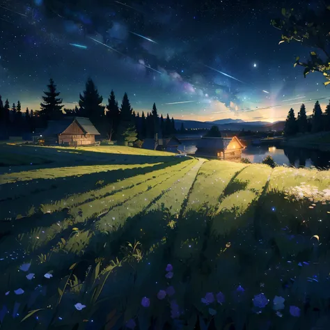 beautiful starry night sky, vast green field, beautiful flowers, a cabin